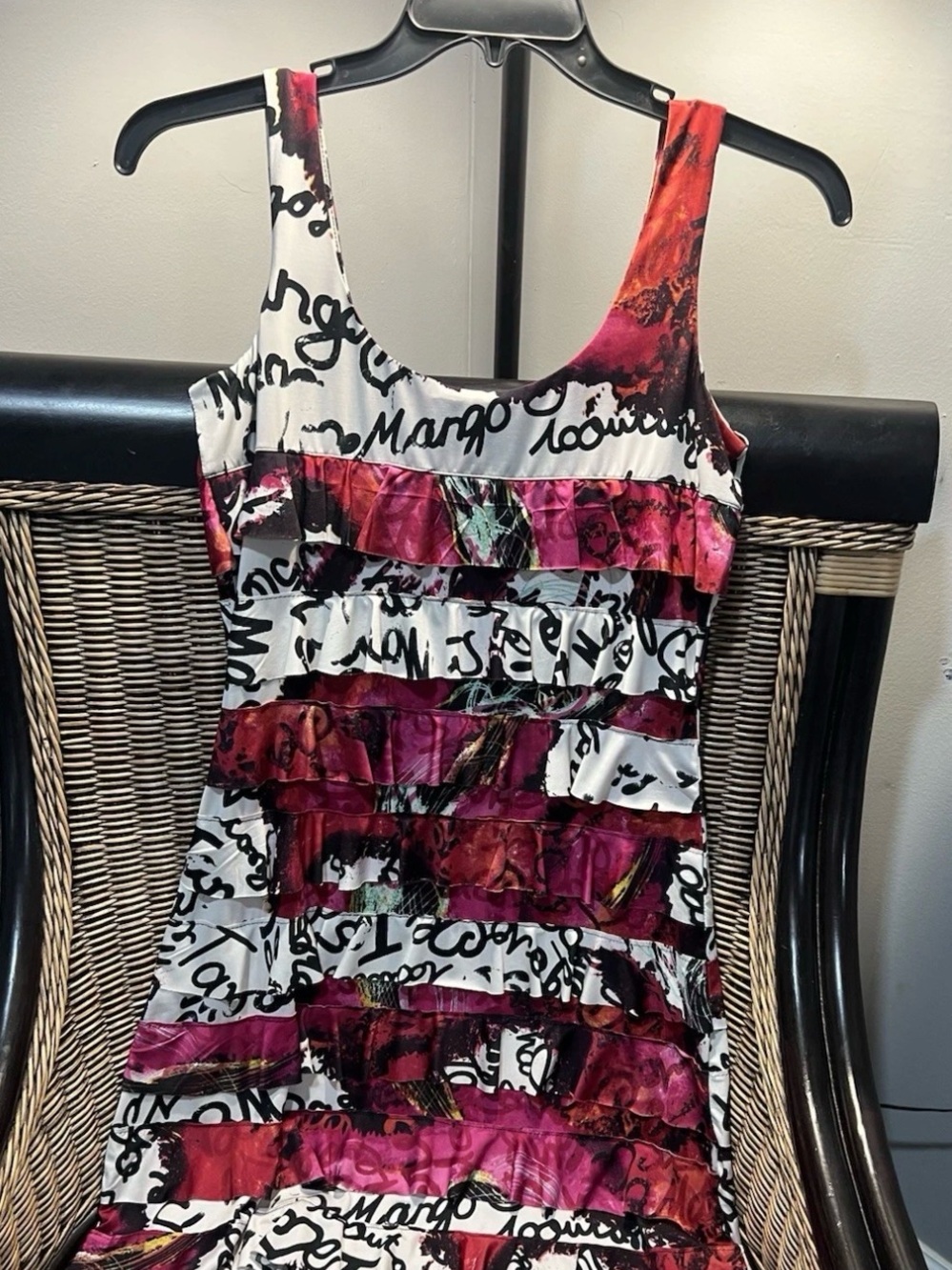 Graphic Script Ruffle Tank Dress in White and Magenta - Tango Mango - small